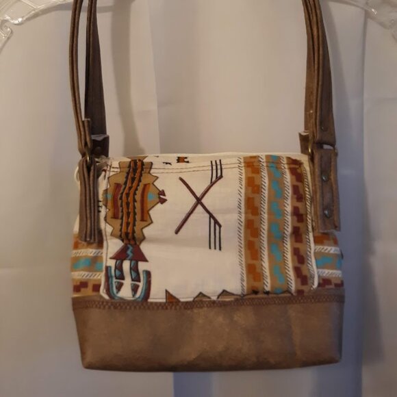 New Vinyl Double handle Shoulder Satchel Bag Purse Brown Aqua Southwestern print - Picture 2 of 12